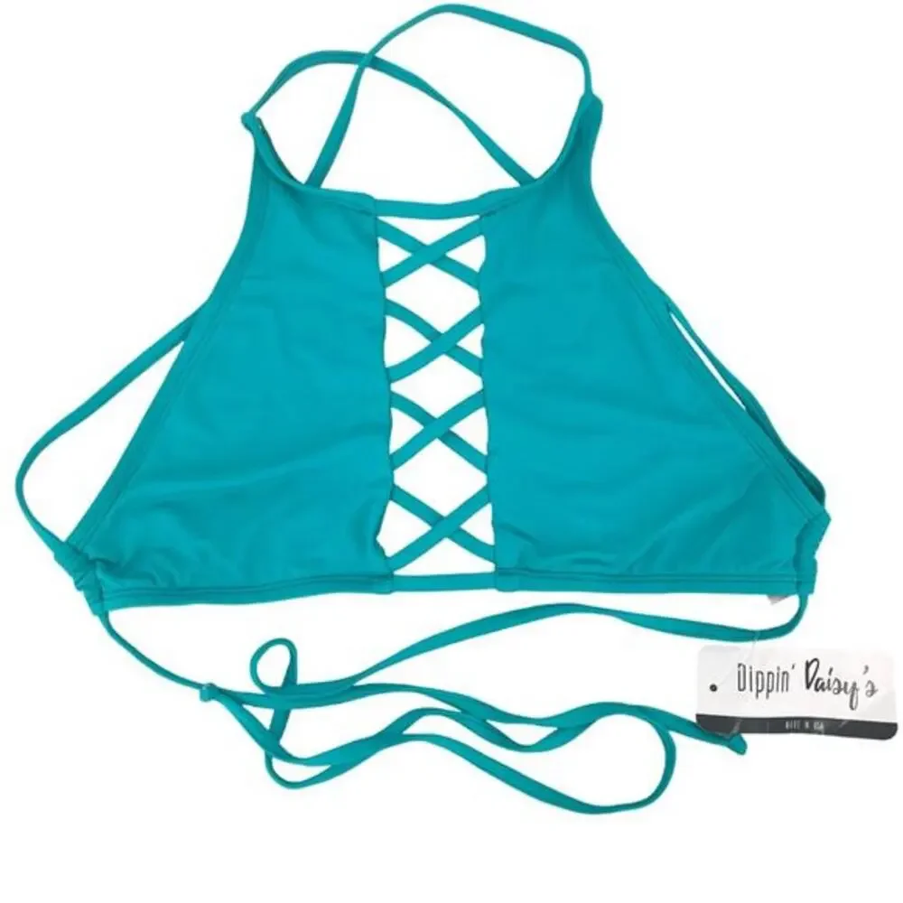 ✨NWT Dippin' Daisy's high-neck criss-cross bikini top in a teal small